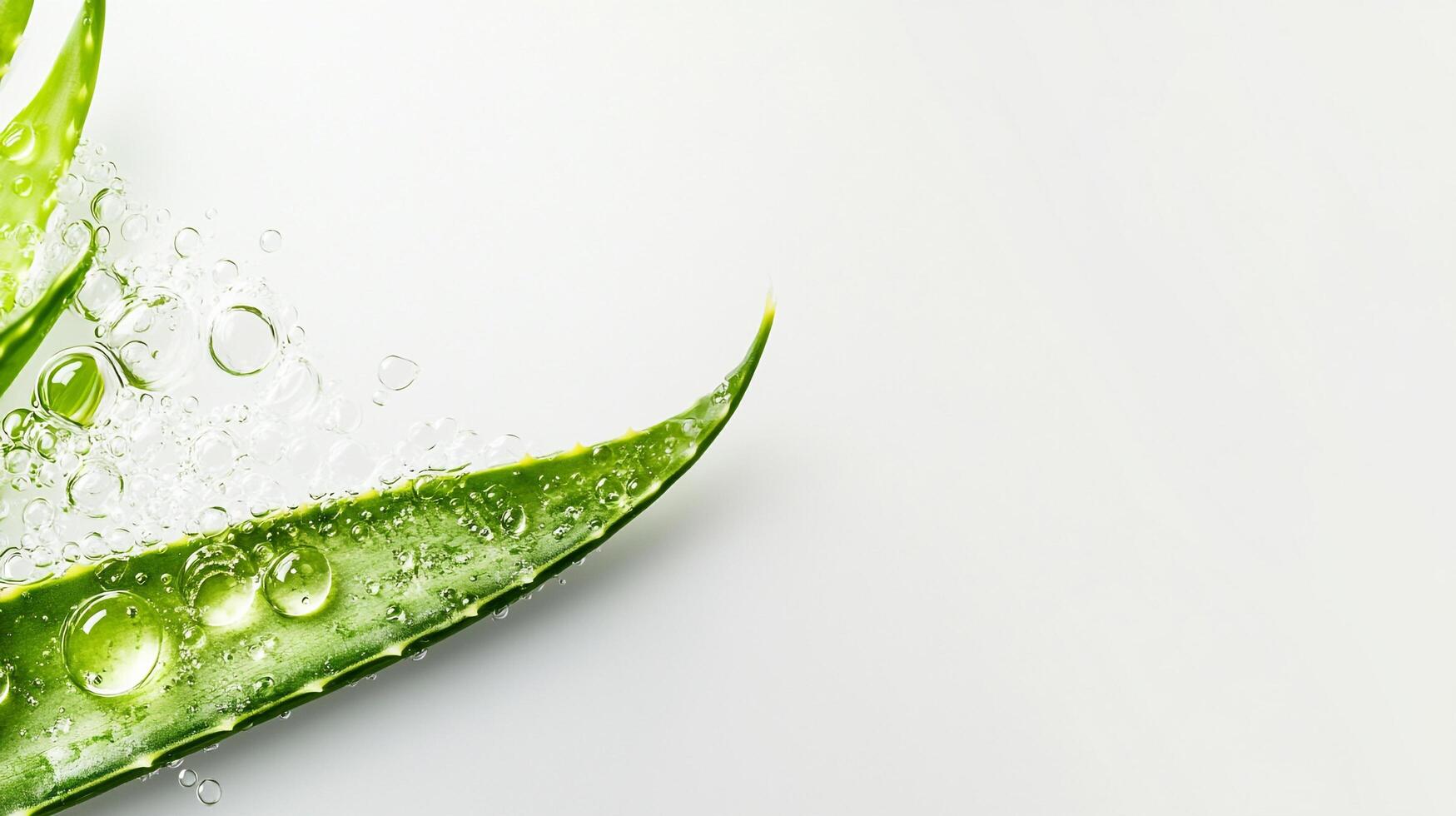 Aloe vera leaf with water droplets on a white surface, showcasing hydration, natural skincare, and the plant's soothing properties. photo