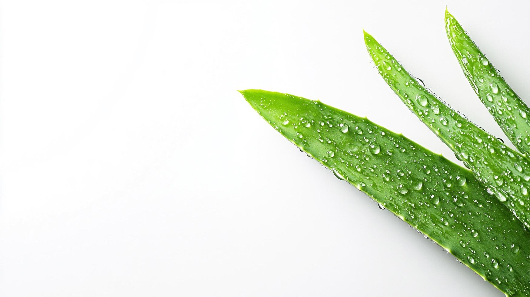 Aloe vera leaves glistening with fresh droplets of water, bright green on a white surface, capturing pure natural hydration. photo