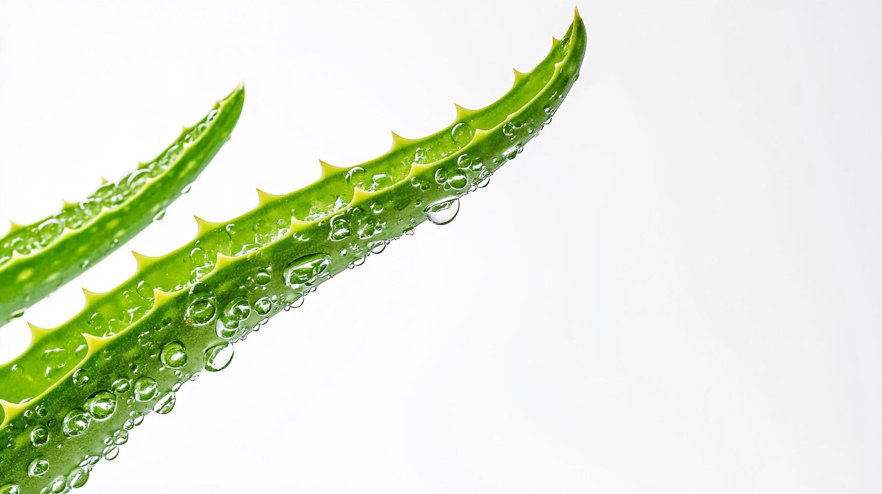 Close-up of spiky aloe vera leaves glistening with water droplets, highlighting freshness and natural beauty on a crisp, clean background. photo