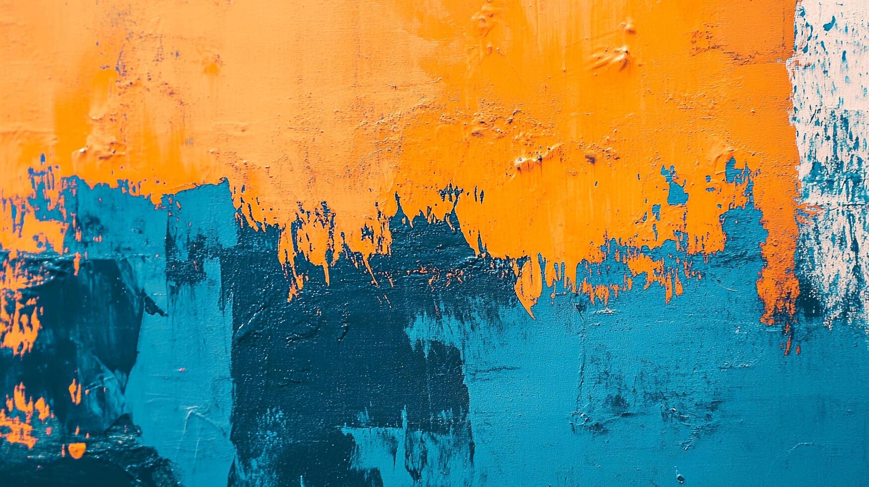 Abstract artwork featuring bold brushstrokes of orange and blue paint, creating a textured and vibrant visual experience. photo