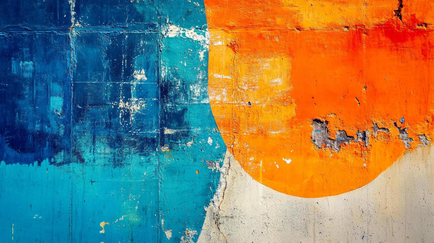 Colorful wall art with a bold orange circle on the right contrasting a blue geometric pattern on the left, weathered texture. photo