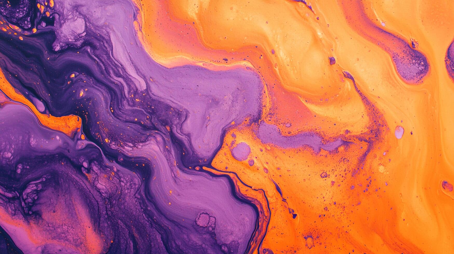 Swirling molten textures in shades of purple and orange create a mesmerizing, abstract visual experience that blends cool and warm tones. photo