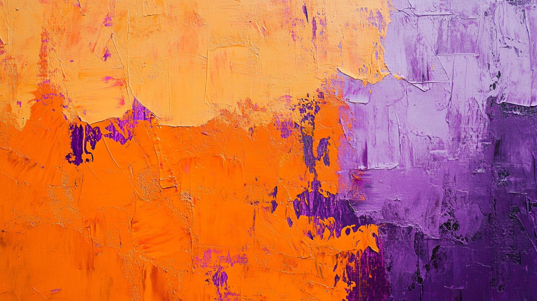 Bold abstract painting with textured brushstrokes in vibrant orange and purple. Dynamic and eye-catching color contrast. photo
