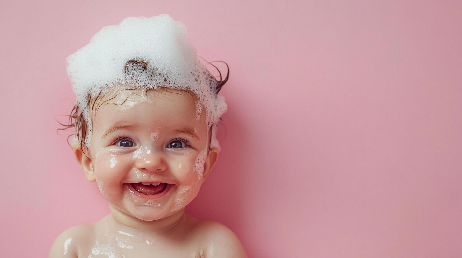 A baby is covered in bubbles with a big smile. The background is pink and the baby is very joyful and clean after a fresh bath. photo
