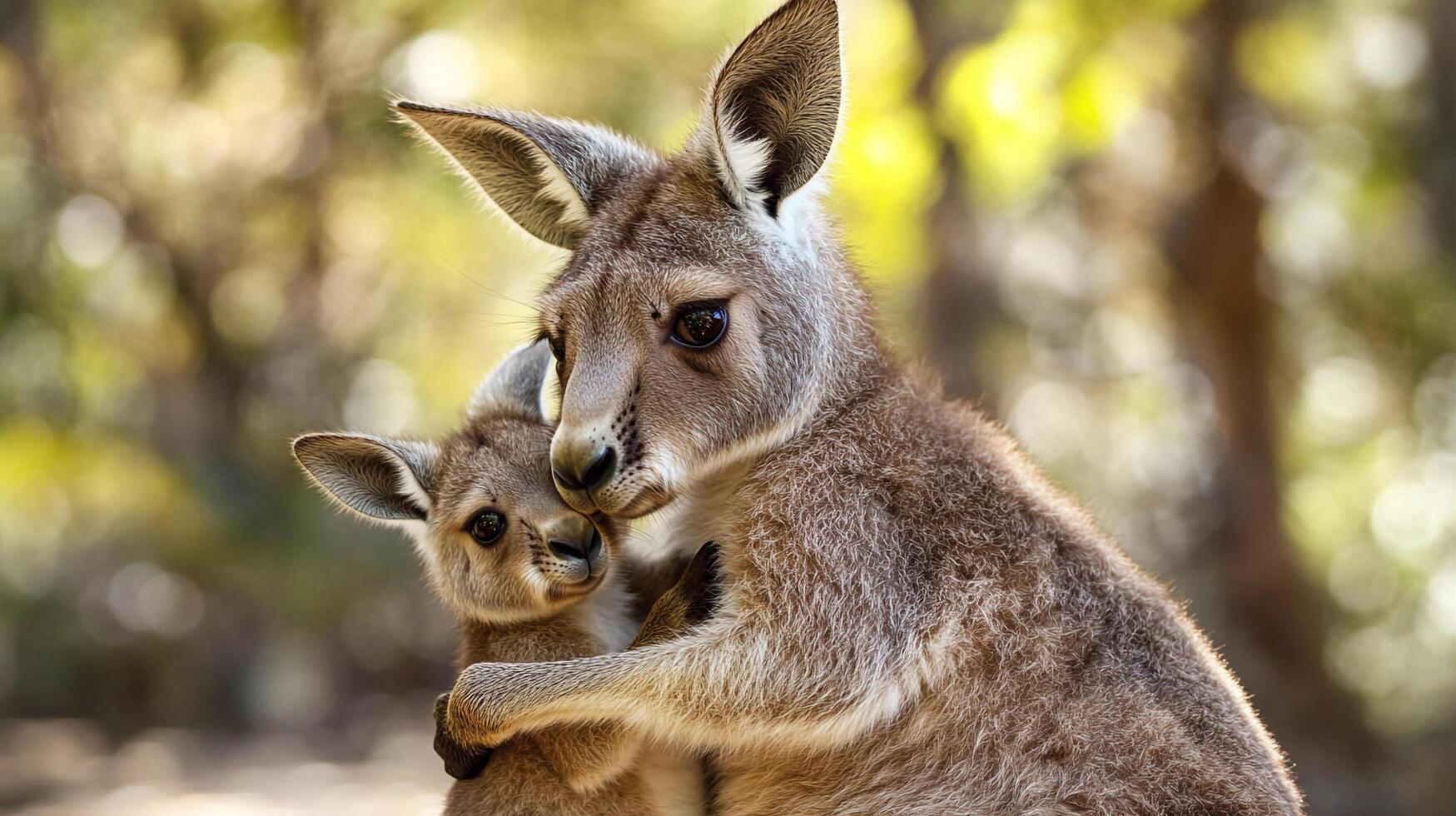 Tender moment captured between a kangaroo mother and her joey, showcasing a sweet bond amidst a natural backdrop. photo