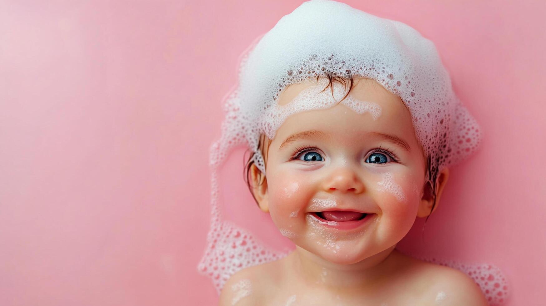 Adorable baby with bright blue eyes covered in white soap bubbles and a pink background. The baby is happy and full of laughter. photo