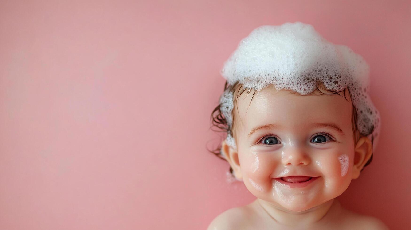 Baby's bath time joy, bubbly fun, and pure happiness. A delightful smile on a pink backdrop with foamy excitement. Cherishing childhood memories. photo