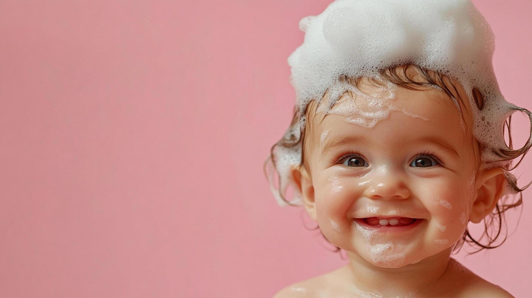 A happy baby is covered in bubbles while having a bath. The little toddler is smiling and enjoying bath time on pink background. photo