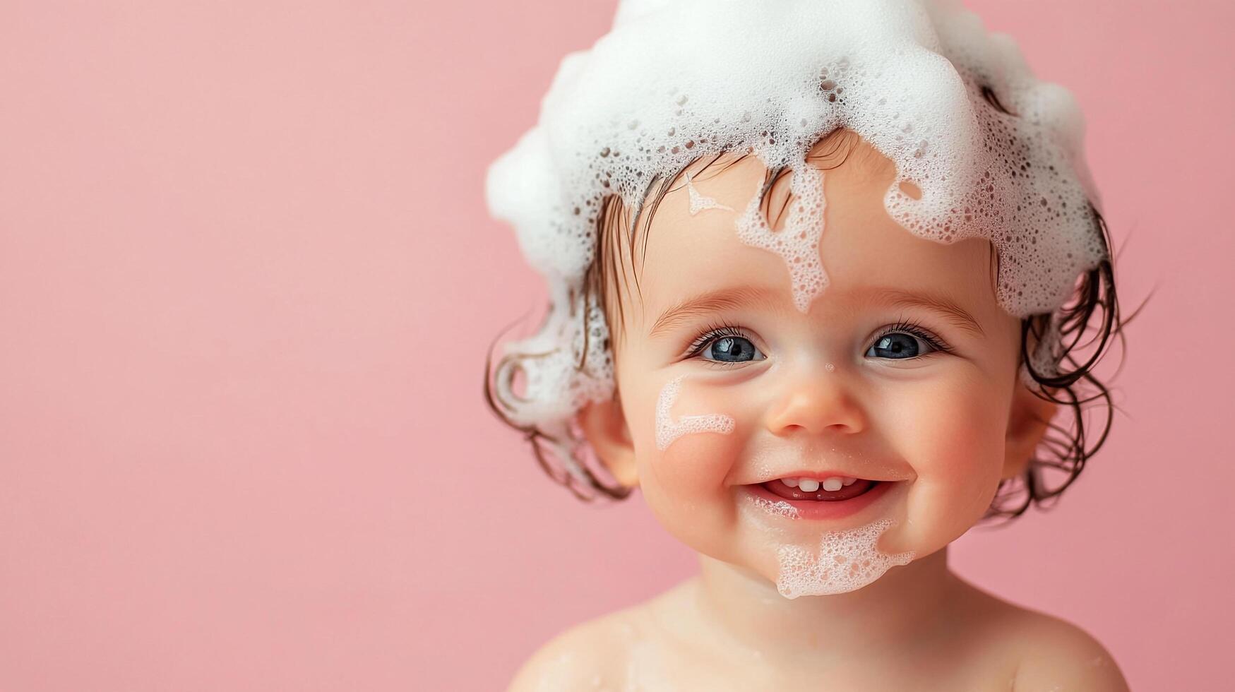 A charming baby with bubbly foam adorning their head, smiles brightly against a soft pink backdrop, radiating pure joy and innocence. photo