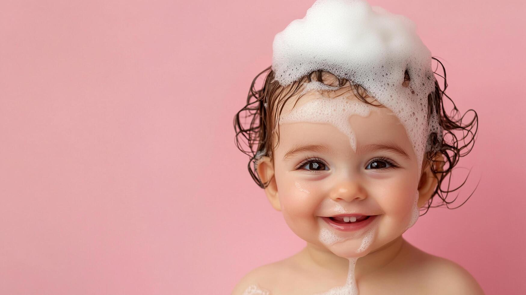 Delightful baby covered in bubbly foam, joyfully smiling against a soft pink background. Capturing innocence and carefree fun. photo
