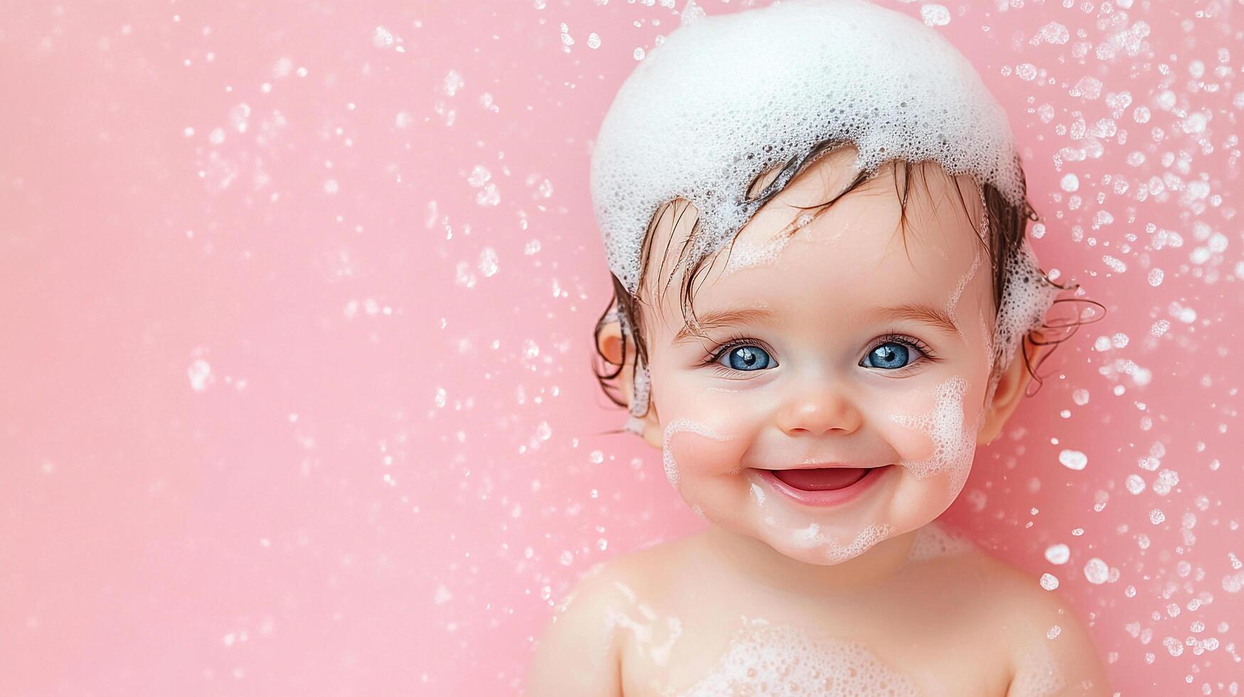 Adorable baby smiles brightly in a pink tub with bubbles on its head, joyfully enjoying bath time and creating a heartwarming scene. photo