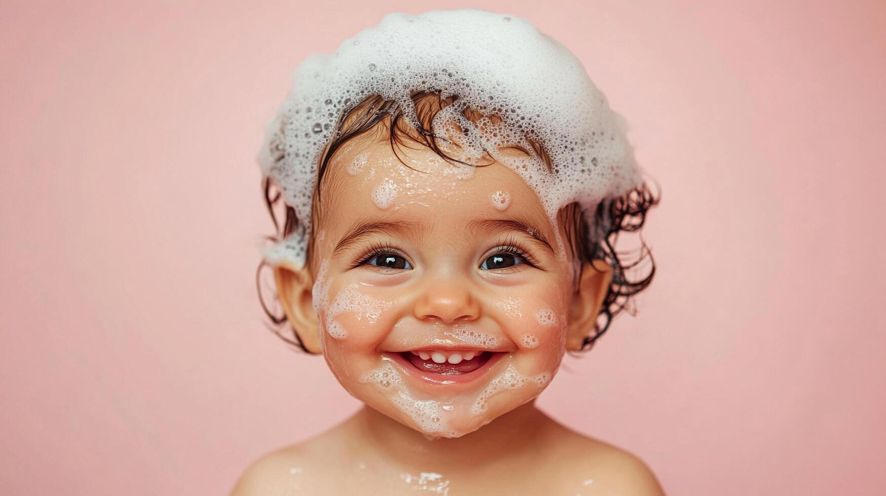 A happy baby with curly brown hair laughs at the camera while covered in fluffy white soap suds in front of a light pink background. photo