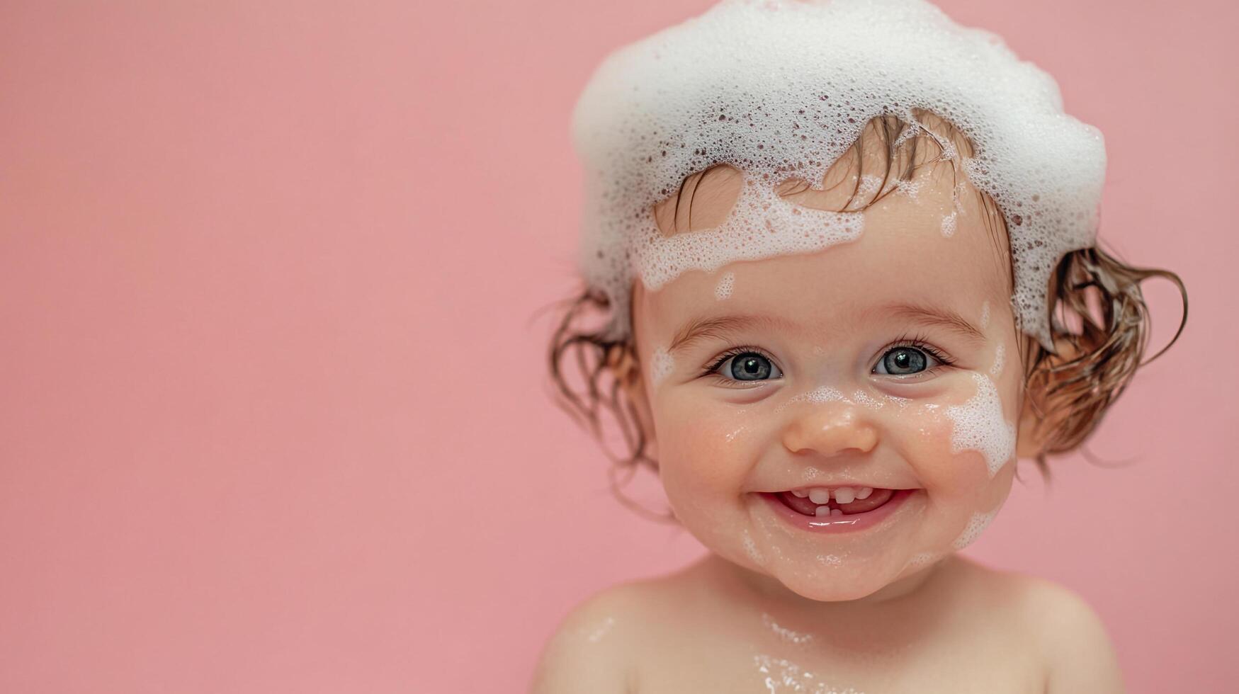 Adorable baby girl bathing, covered in fluffy white soap bubbles, smiles gleefully against a soft pink backdrop, radiating pure joy. photo
