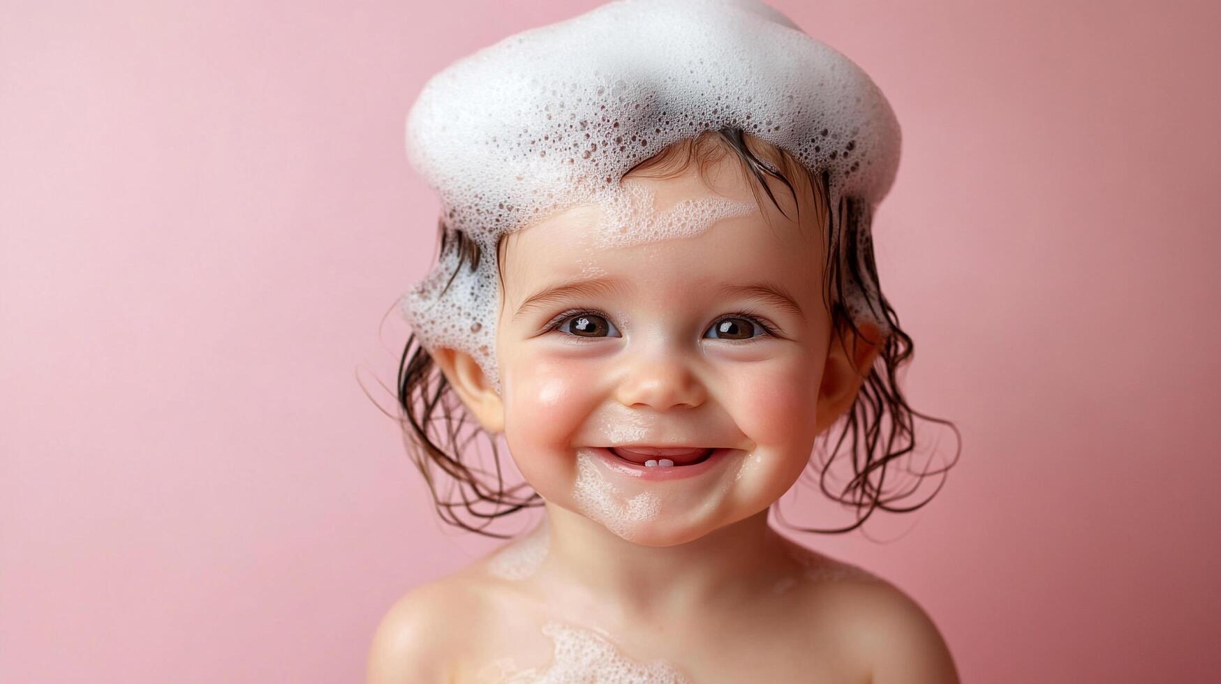 A joyful child, radiant with bubbles on her head, smiles against a soft pink backdrop. Her cheerful expression captures bath time bliss. photo