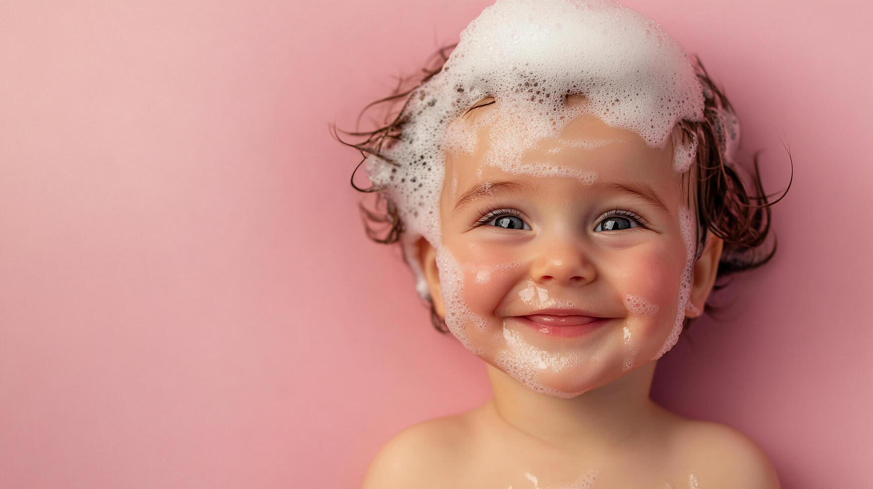 A happy baby with bubbles on their head against a pink background, expressing joy and cleanliness during bath time. Gentle parenting theme. photo