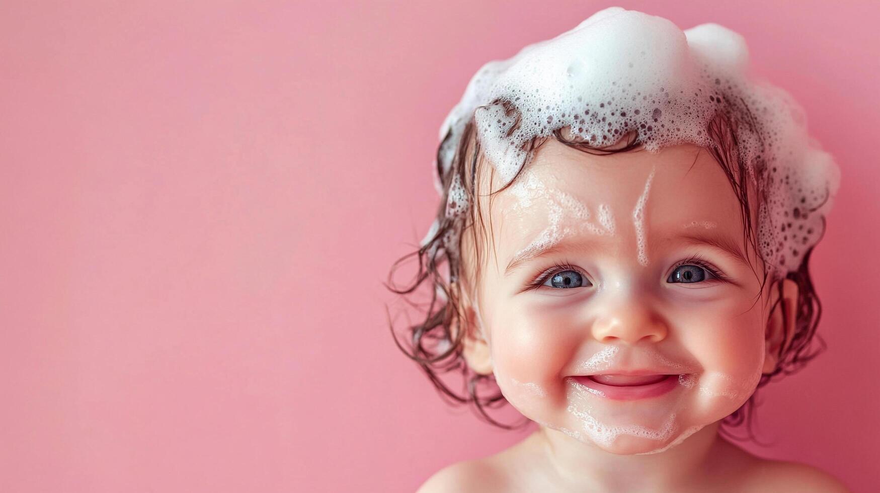 A delightful baby girl, radiating joy, adorned with fluffy bath bubbles. The pink backdrop complements her cheerful innocence. photo