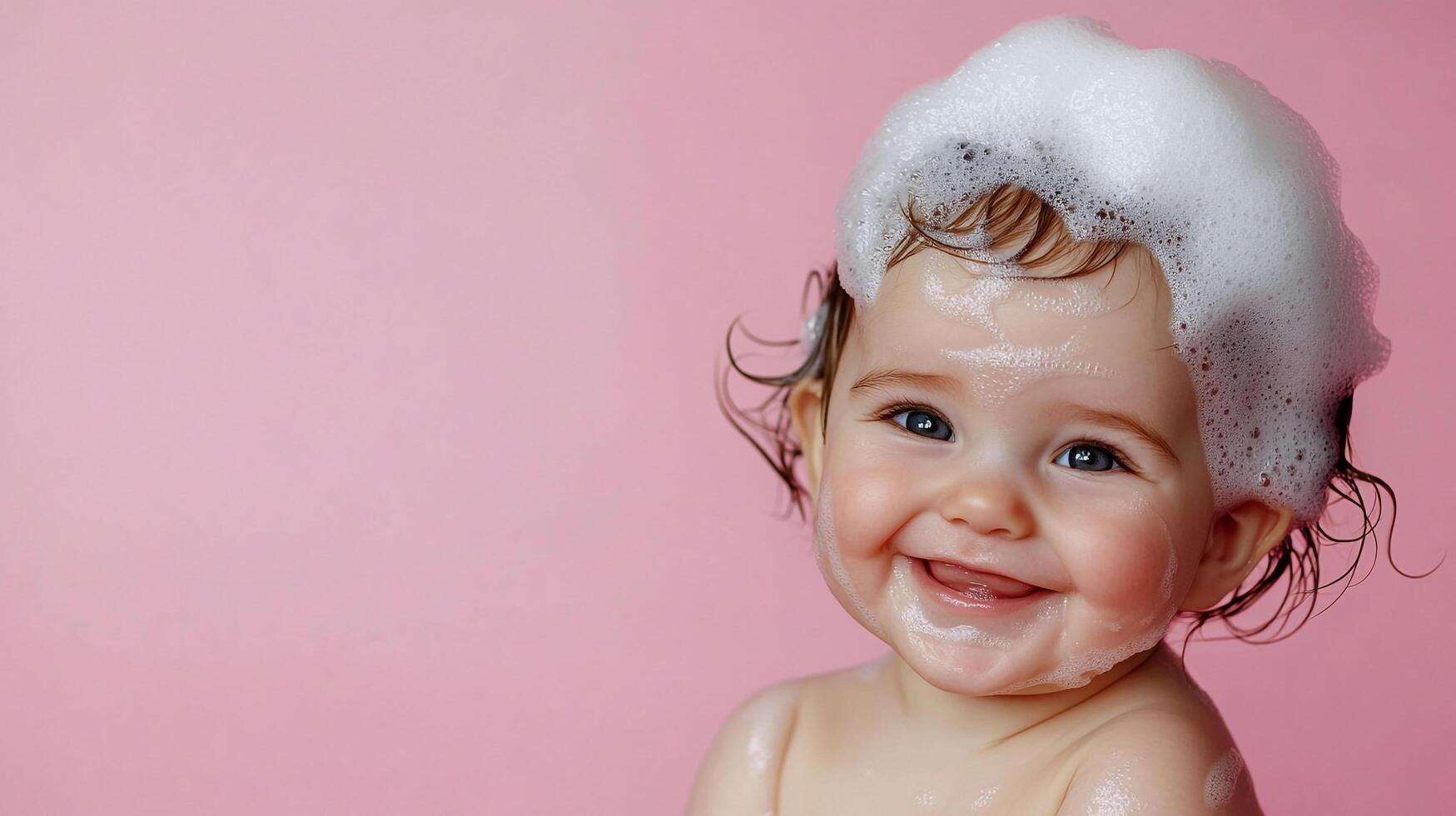 Cute baby with bubbly soap suds on head, joyful face, and pink background. Innocence and bathing fun combine in this adorable image. photo