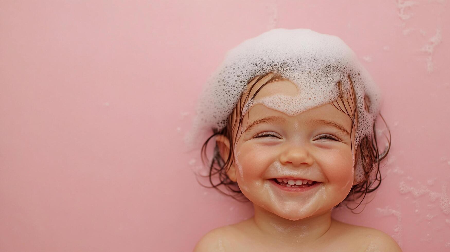 Joyful toddler covered in bubbles during bath time. Smiling gleefully against a soft pink background, capturing a moment of pure happiness. photo