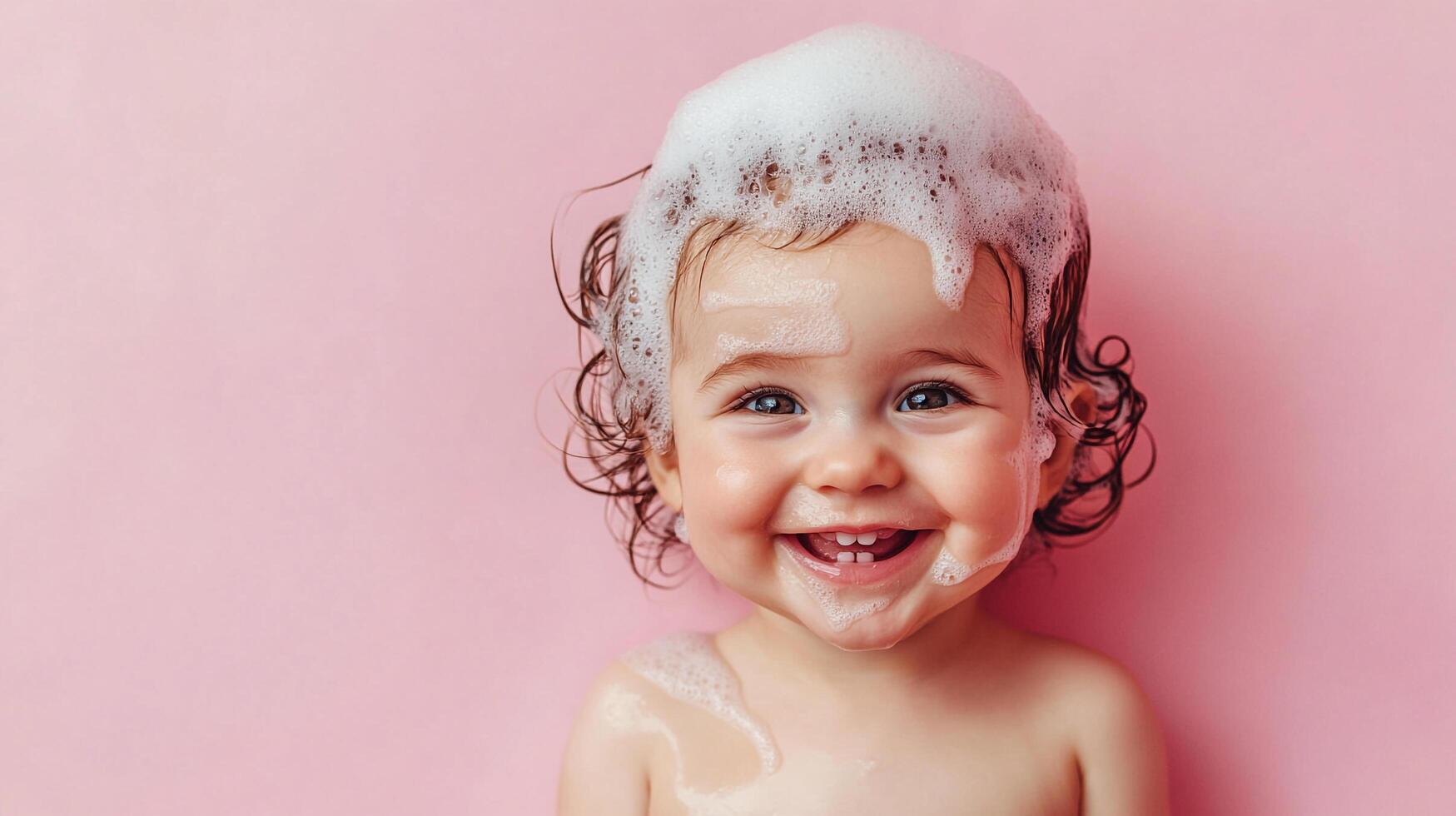 Happy baby with bubbles on head smiles broadly against a soft pink background. Joyful bathing experience for a clean, giggling toddler. photo