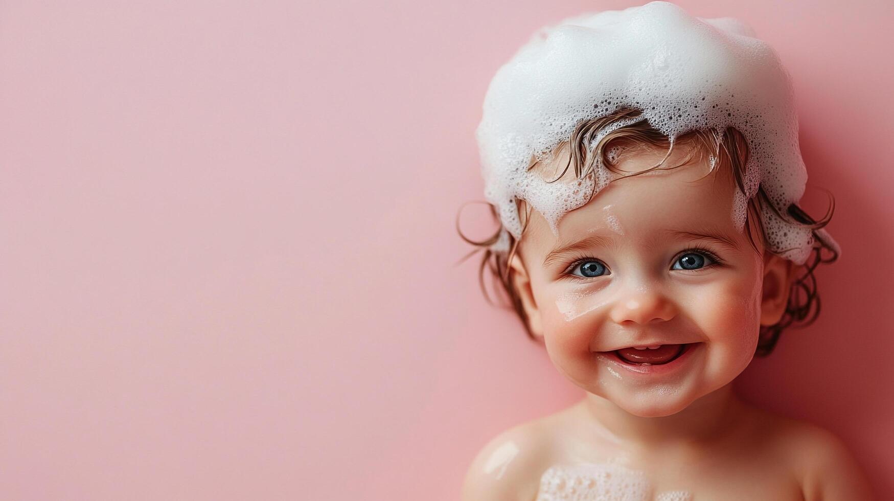 Baby having a bath with foam, hair is curly, and blue eyes look at the camera while smiling. Pink background. Cute. photo