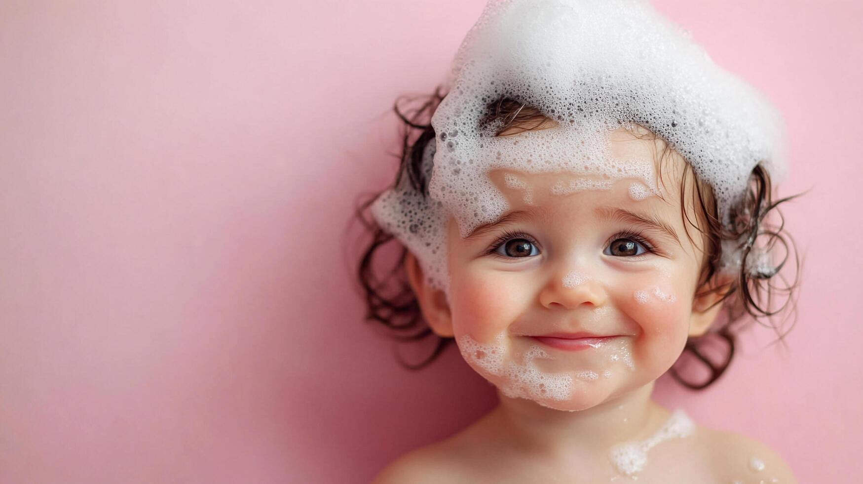 A darling baby, covered in foamy bath bubbles, smiles with happiness. Her eyes sparkle with joy against a light pink background. photo