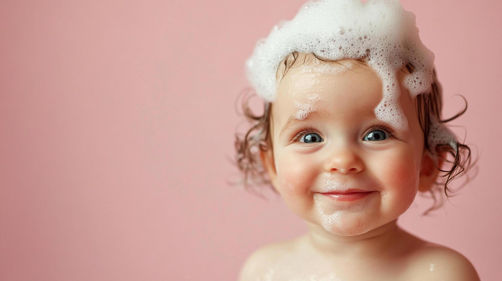 A darling baby bathed in bubbly bliss, a portrait of pure joy, rosy cheeks, and innocent delight, set against a gentle pink backdrop. photo