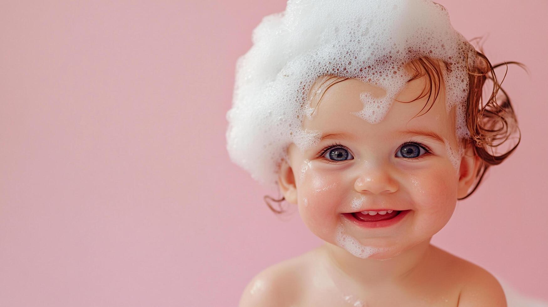 A cheerful baby is covered in fluffy white soap bubbles, beaming with bright blue eyes against a soft pink backdrop. photo