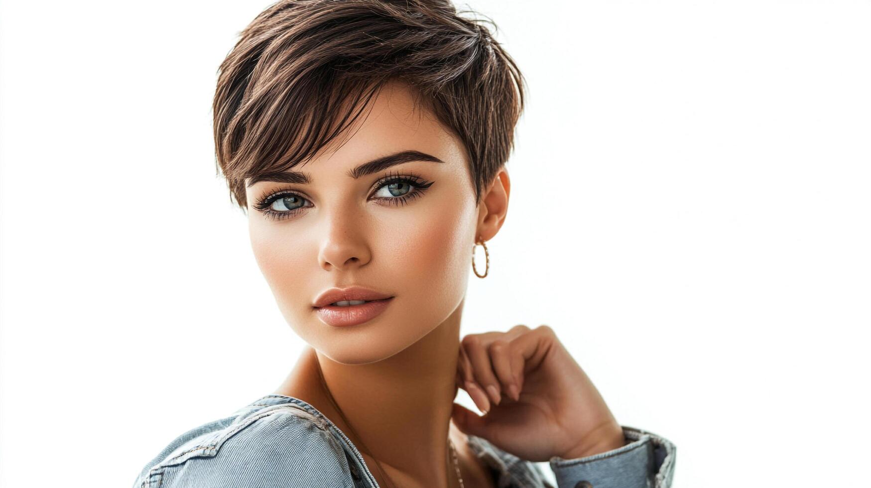 Elegant woman with short, chic pixie cut, denim jacket, delicate earrings, and captivating eyes against a bright background. photo