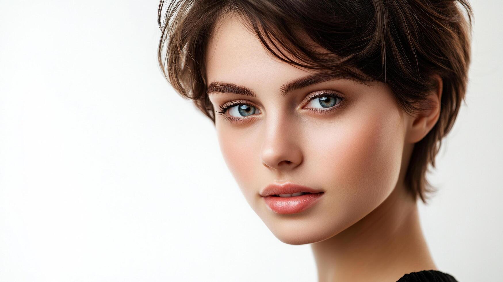 Striking portrait of a young woman with short brown hair and piercing blue eyes, showcasing natural beauty and an elegant appearance. photo