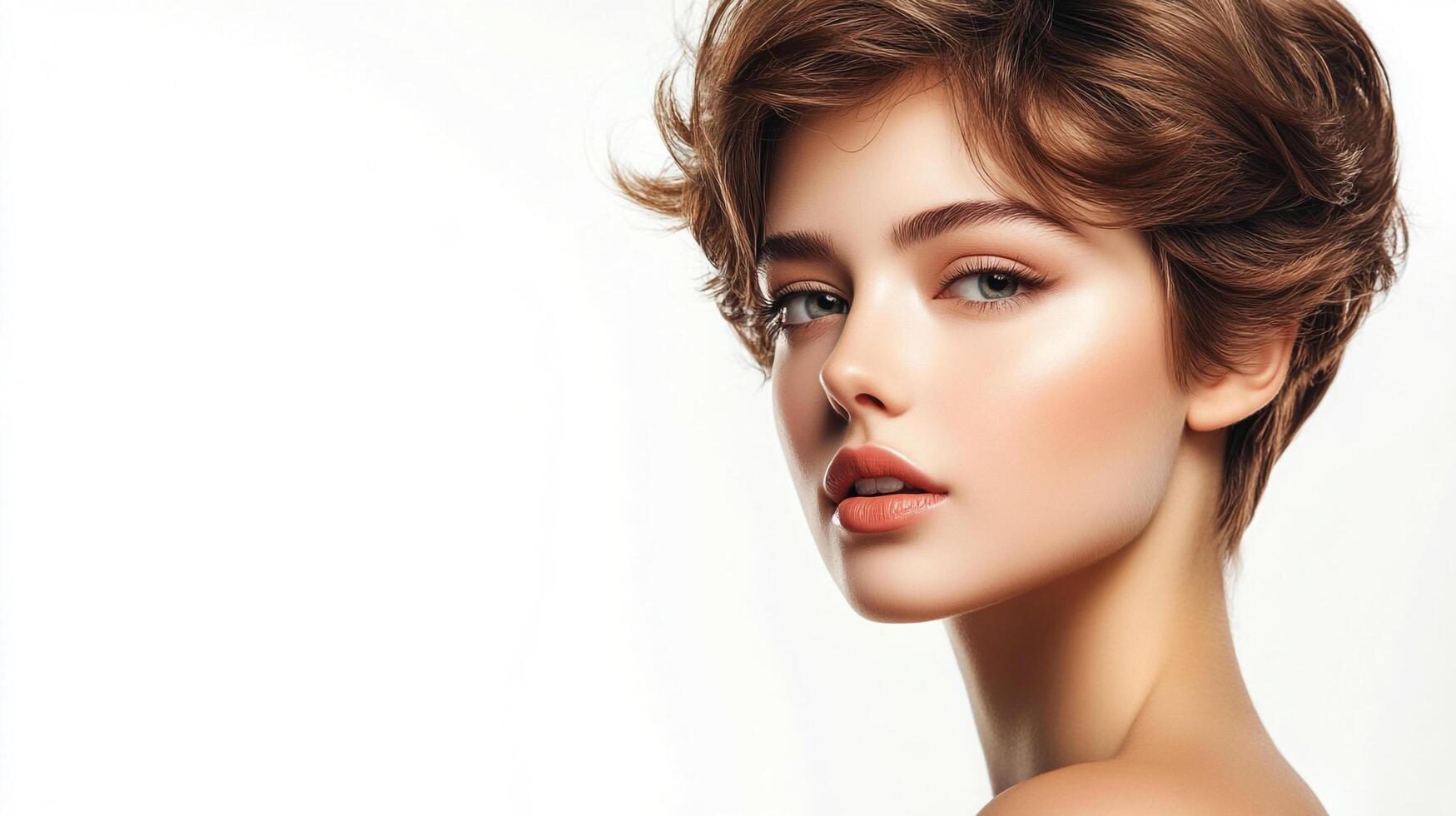 Close-up portrait of a young woman with warm skin tones, a short brown hairstyle, and bright eyes against a clean white backdrop. photo