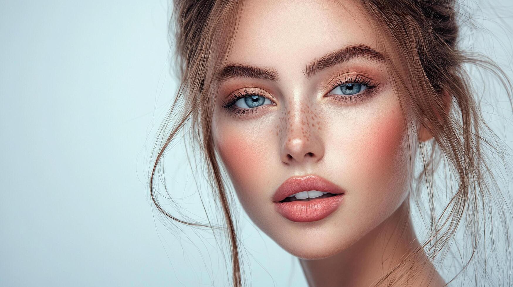 Close-up portrait of a fair-skinned woman with blue eyes, freckles, and soft makeup against a light backdrop, highlighting natural beauty. photo