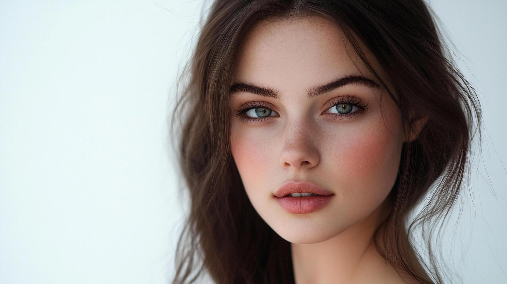 Close-up portrait of a young woman with captivating green eyes, delicate freckles, and soft, brunette wavy hair against a neutral background. photo