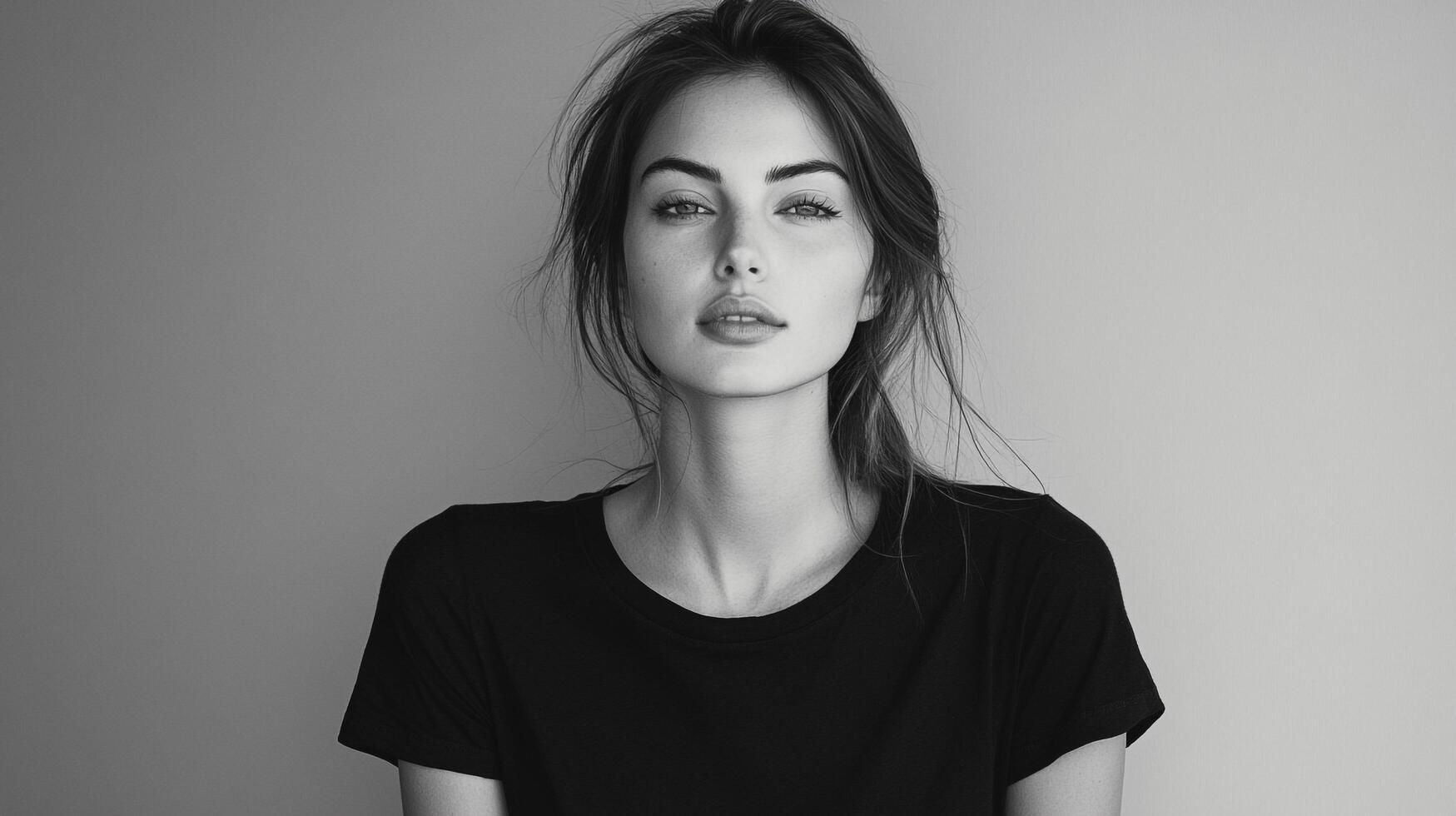 Monochrome portrait of a woman with striking eyes and casual style. A minimalist and clean image highlighting natural beauty. photo