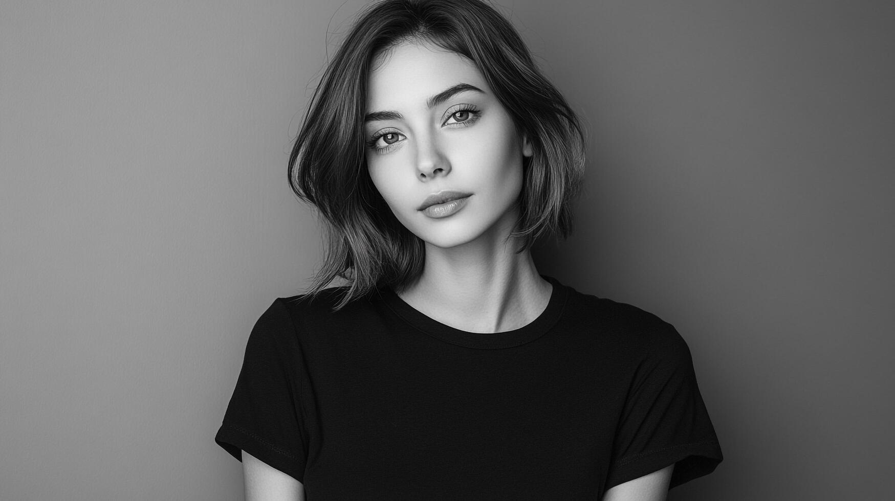 Monochrome portrait of a young woman with short hair gazing forward with neutral expression and wearing a dark t-shirt. photo