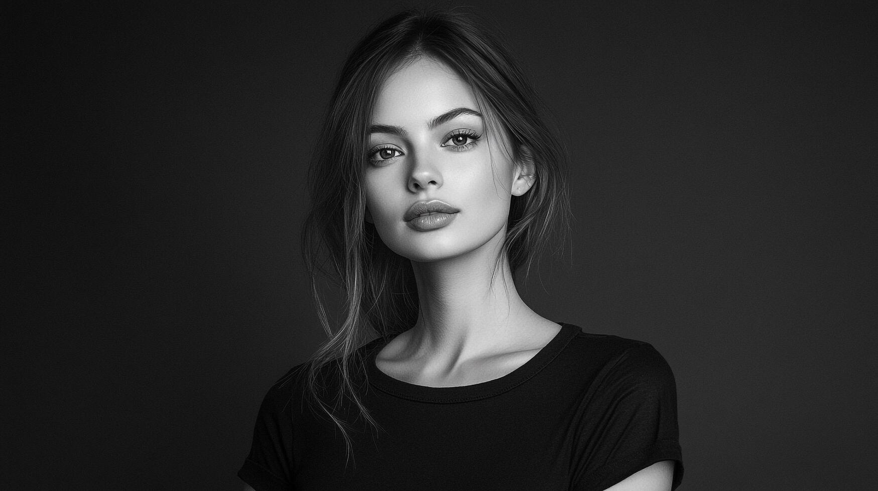 Striking black and white portrait of a woman with expressive eyes, soft makeup, and natural hair against a dark backdrop. photo