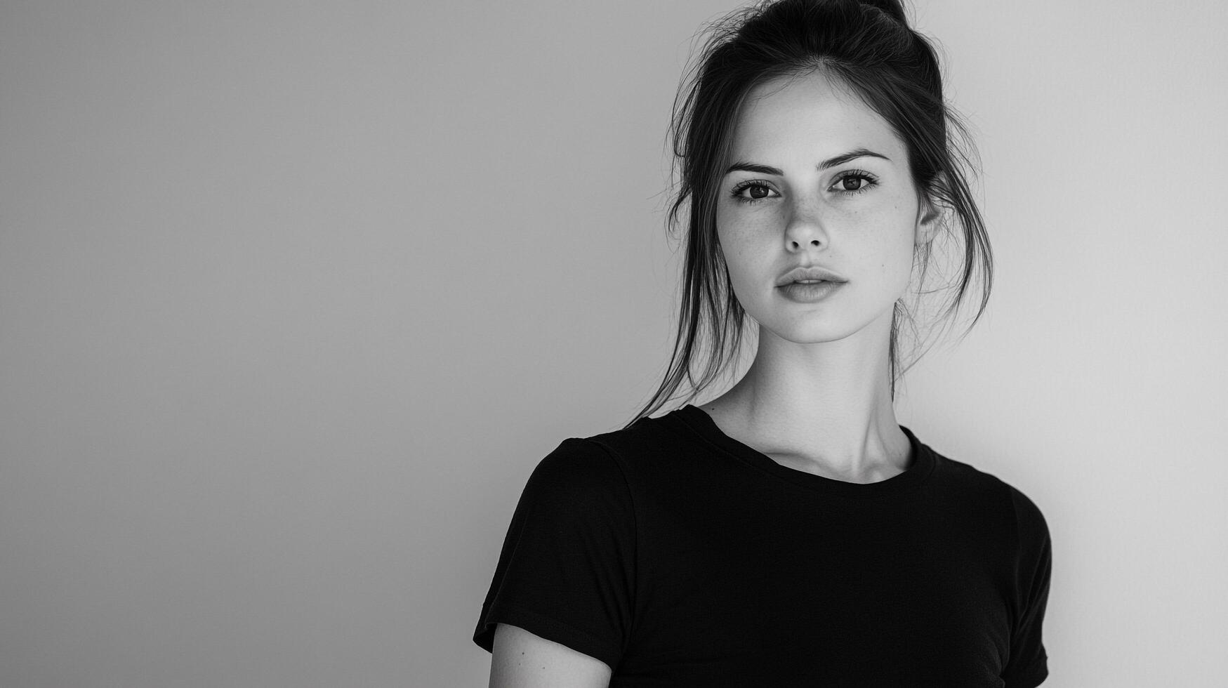 Striking monochrome portrait of a brunette woman, her gaze direct and expressive. Timeless beauty captured in simple elegance. photo