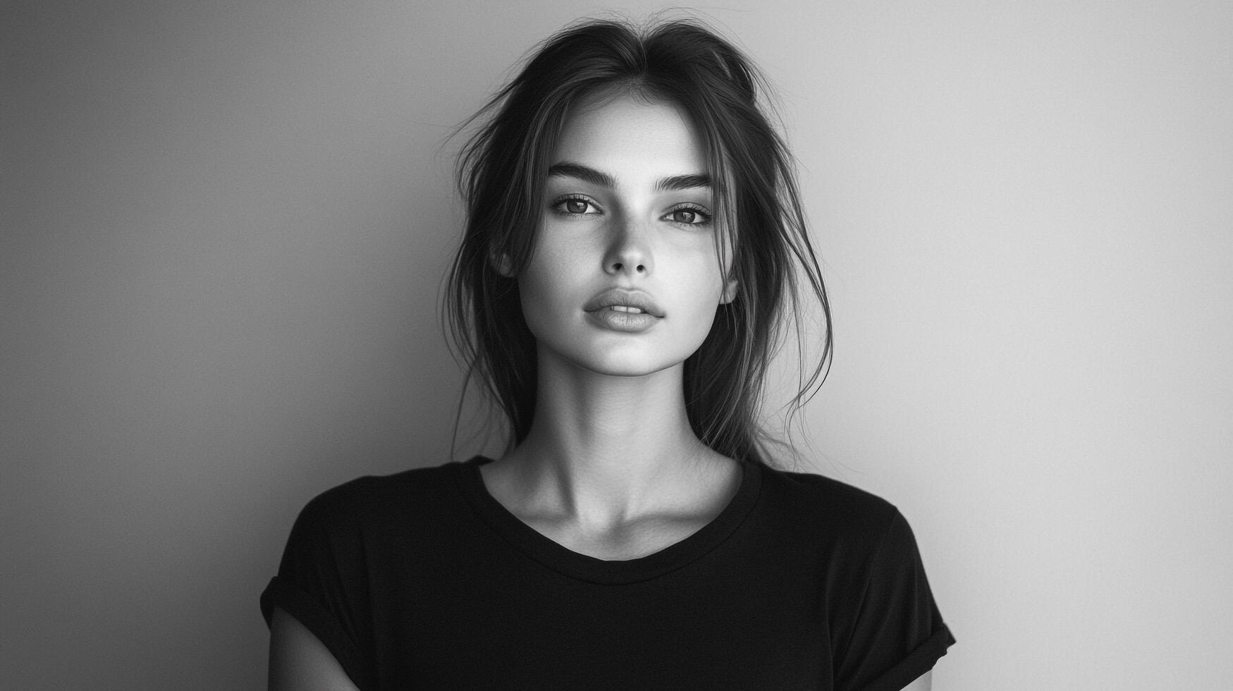 Monochrome beauty portrait of a young woman with expressive eyes, capturing her serene gaze and natural elegance in a studio setting. photo