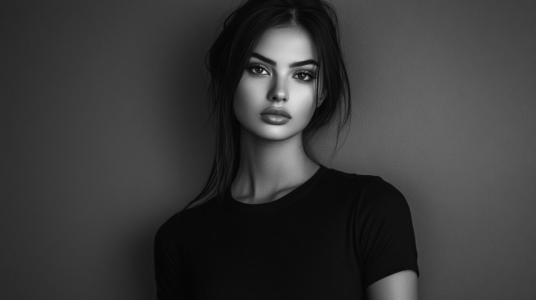 Monochrome portrait of a woman with striking features in a simple setting, highlighting her natural beauty and elegant posture. photo