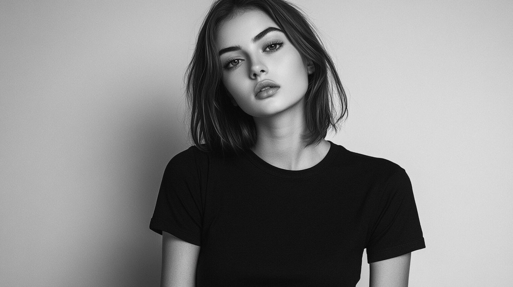 Monochrome portrait of a young woman with a relaxed expression, dark top, and tousled short hair, showcasing natural beauty. photo