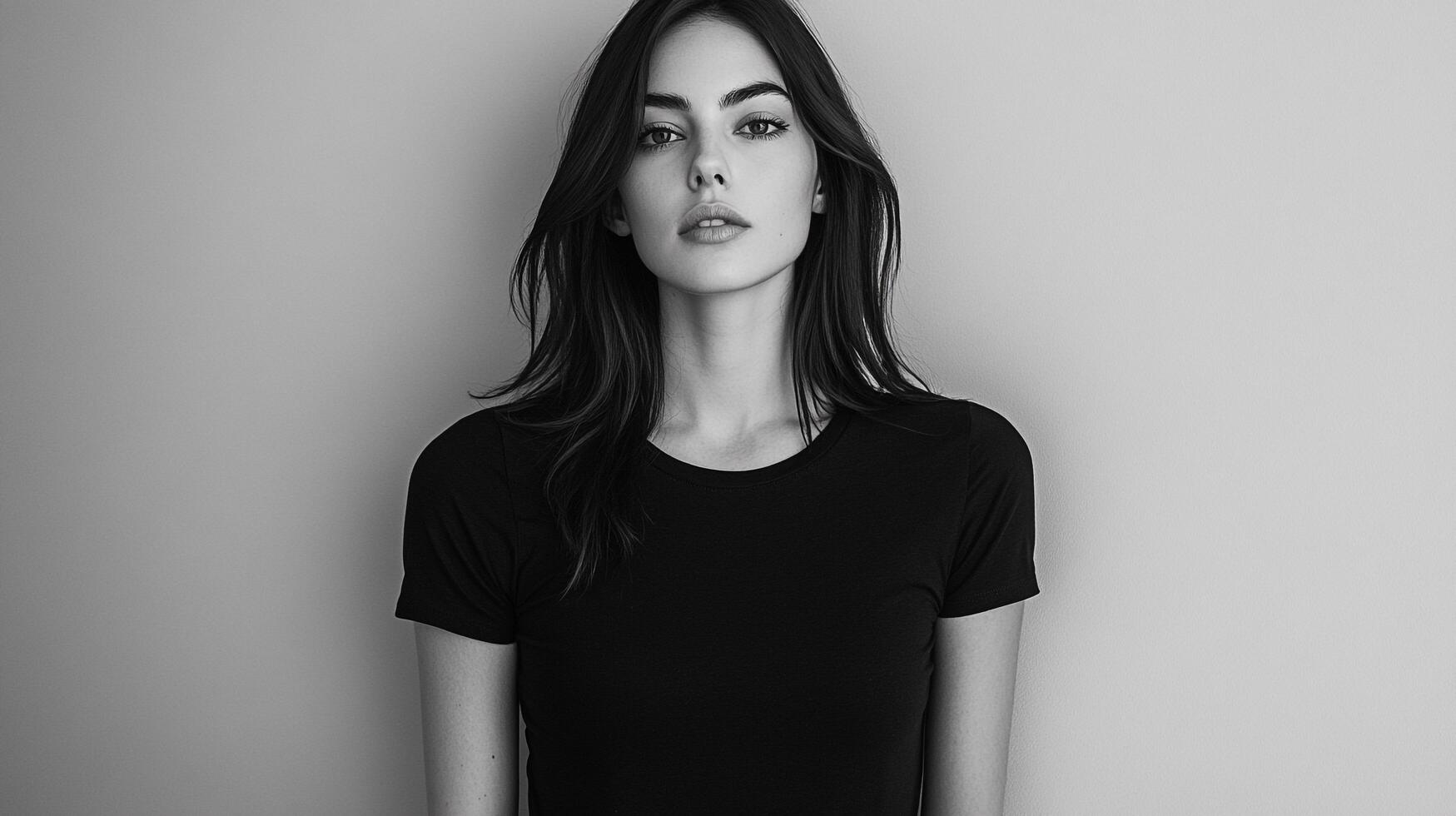 Striking monochrome portrait of a woman with long dark hair, wearing a plain dark shirt against a light, neutral background. Serene expression. photo