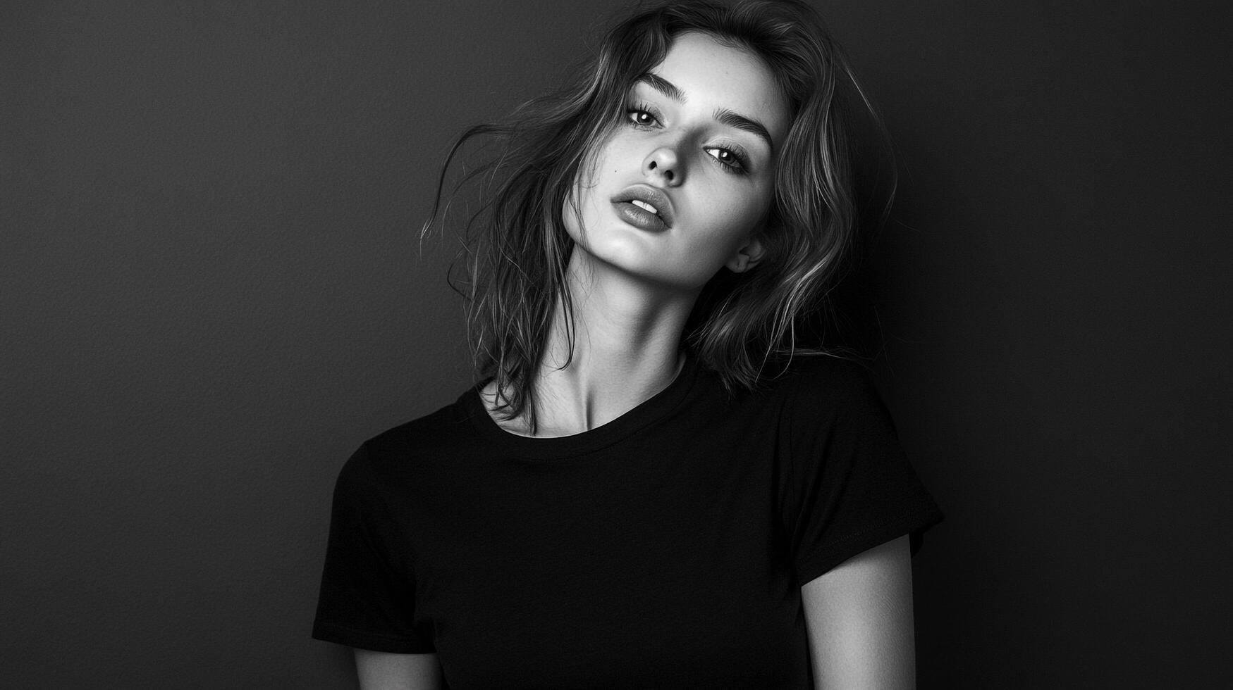 Monochrome portrait of a young woman with wavy hair and a simple dark shirt against a plain background. Moody and evocative tones. photo