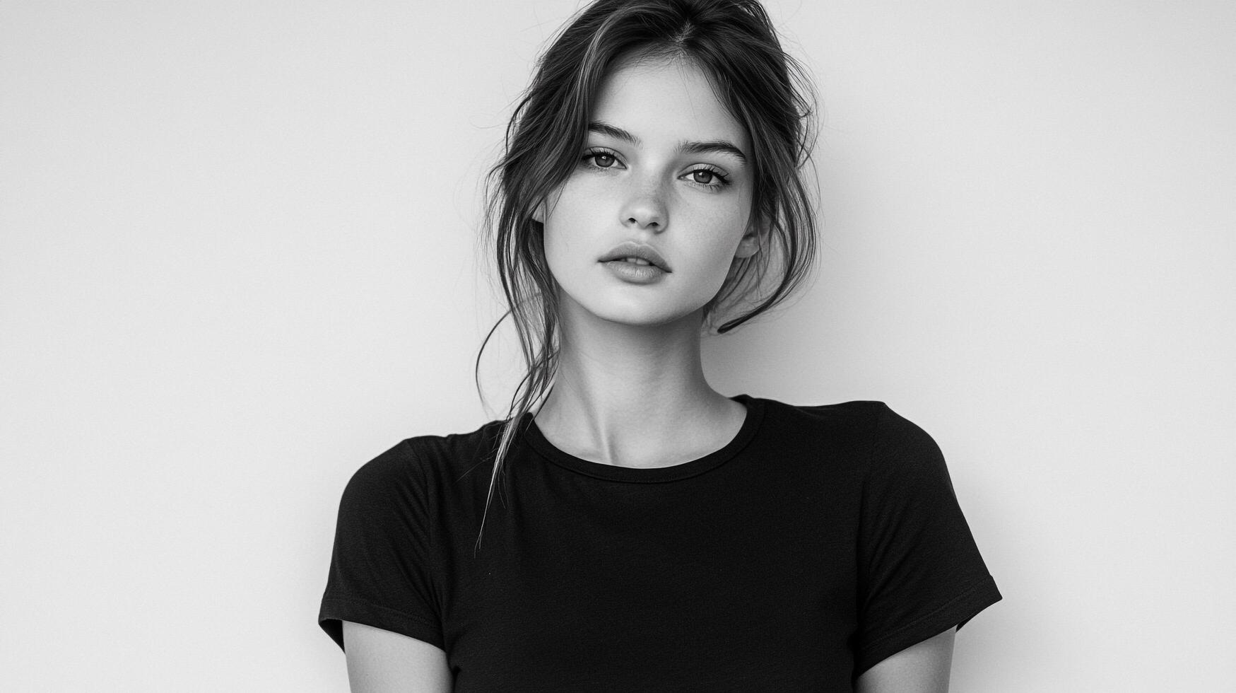 Monochrome portrait of a young woman with captivating eyes and relaxed hair, wearing a simple black t-shirt against a plain background. photo