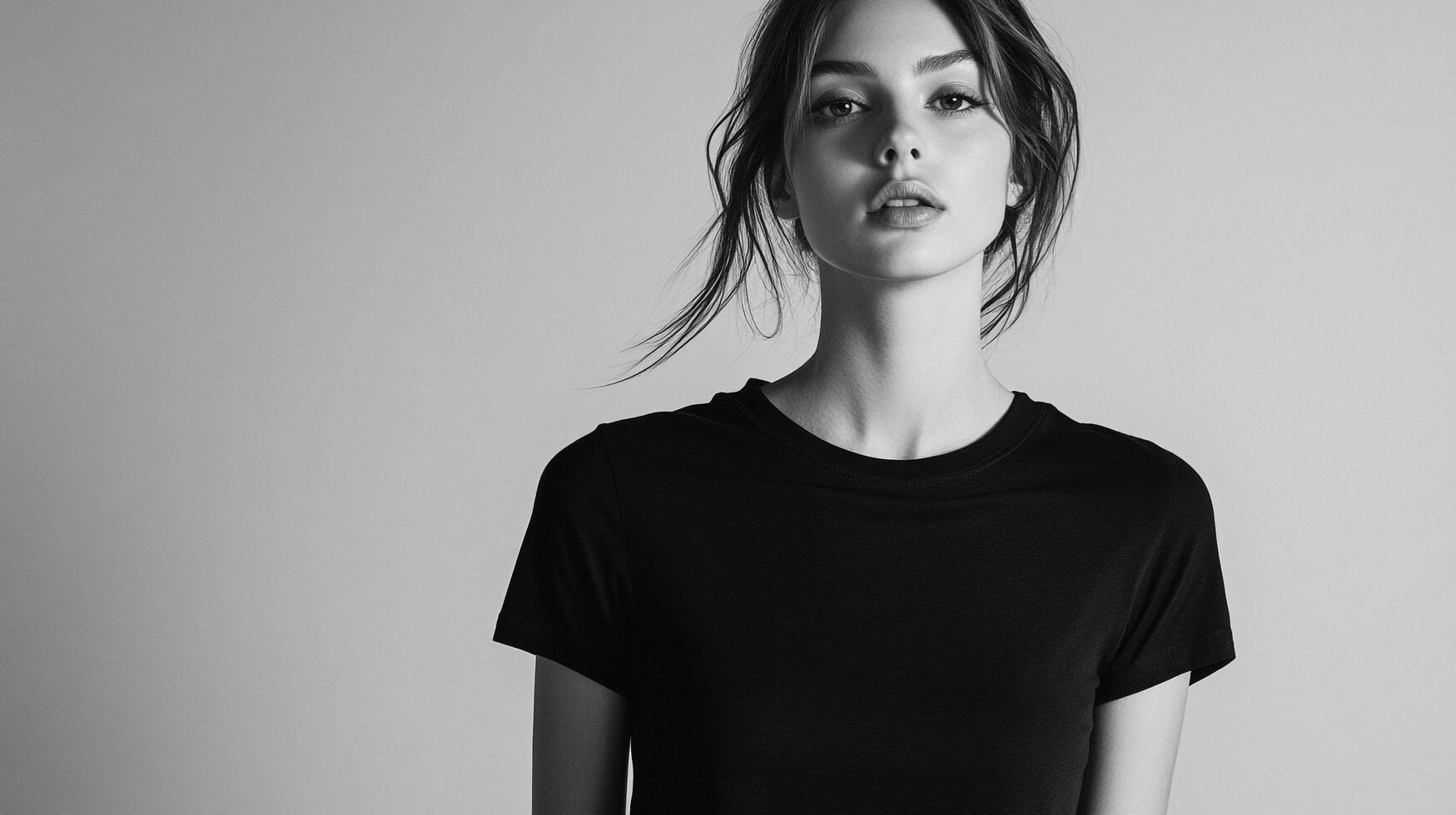 Black and white portrait of a young woman with a slightly messy hairdo wearing a plain t-shirt staring directly into the camera lens. photo