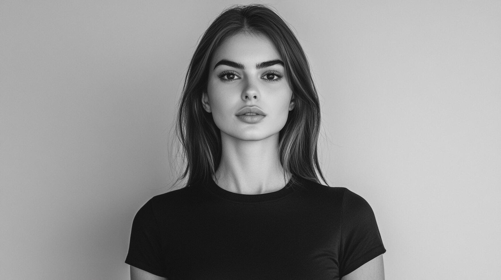 Monochromatic beauty, portrait of a young woman with striking features and straight long hair, against a minimalist light backdrop. photo