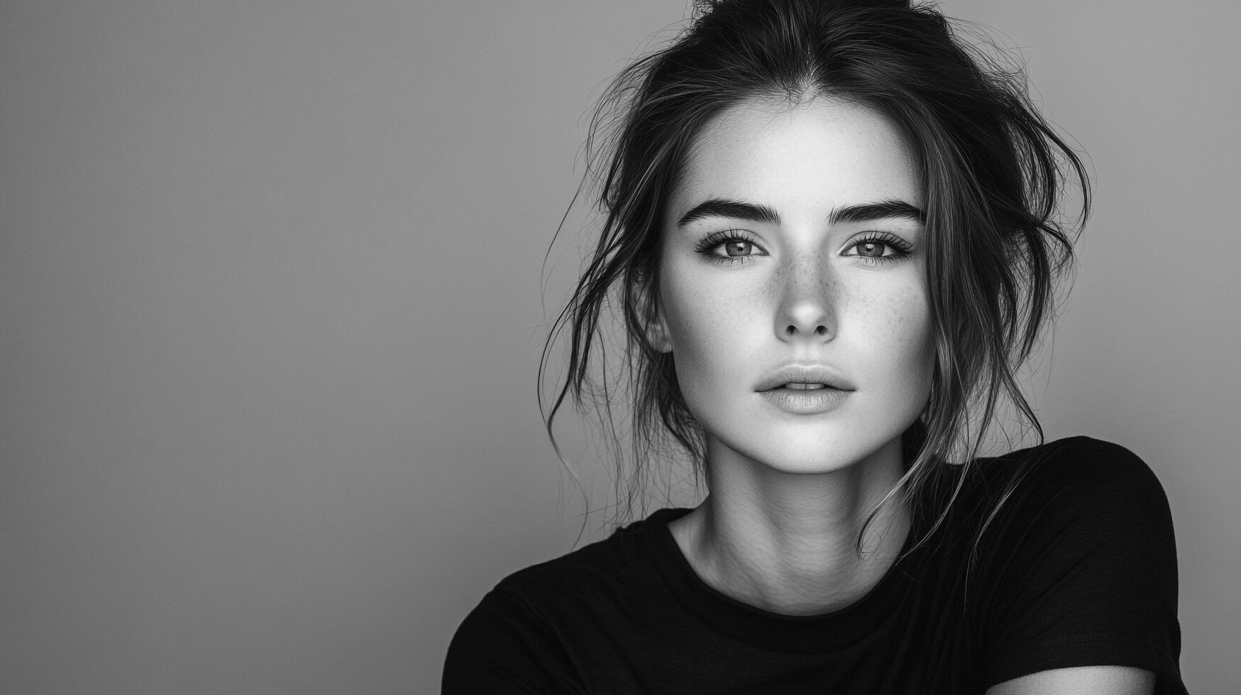 Monochrome portrait of a woman with dark hair and freckles, soft lighting, and a thoughtful expression. Beauty and elegance combined. photo