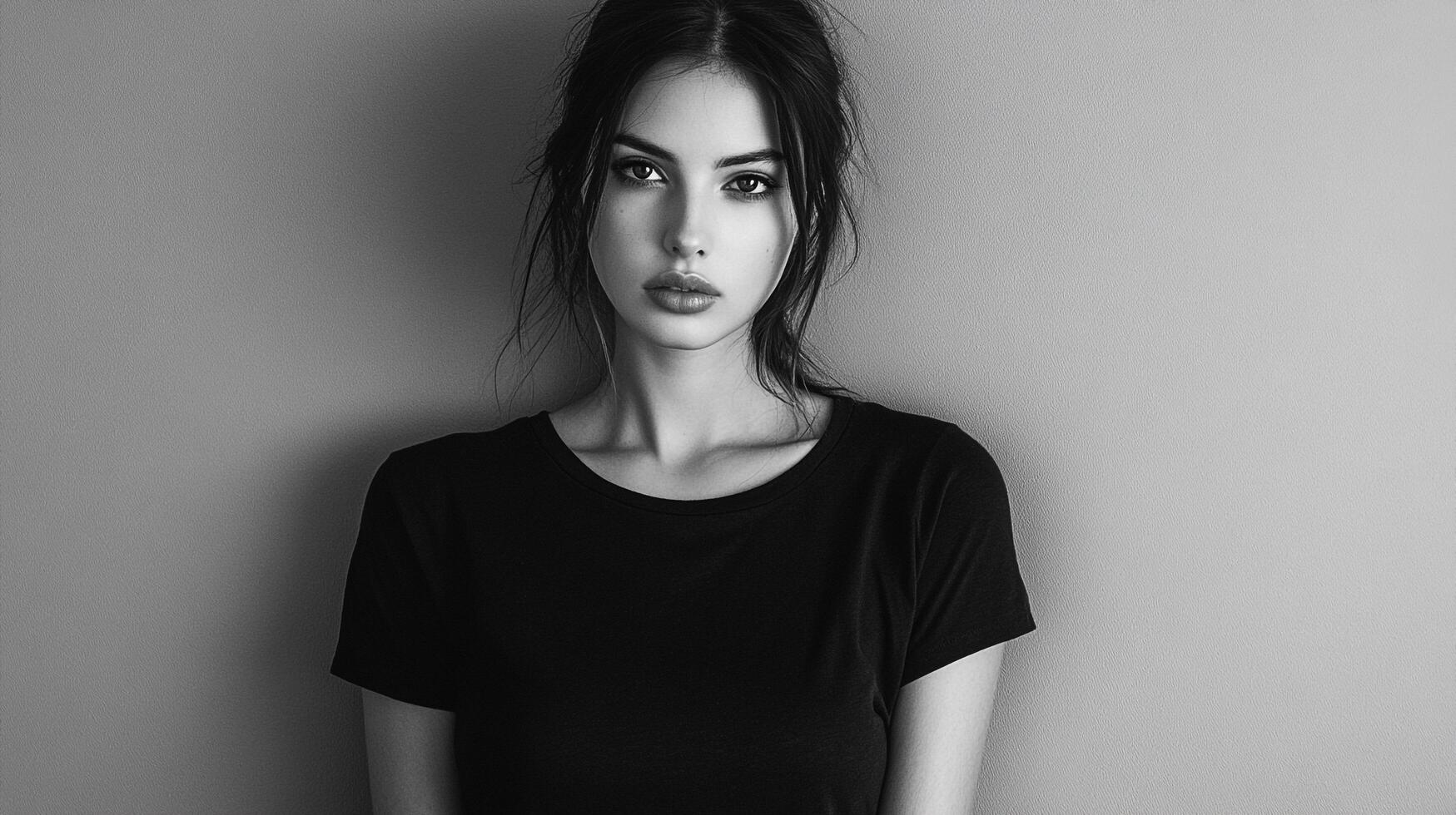 Monochrome portrait of a young woman with an intense gaze, dark hair, and a simple black shirt against a neutral background. Serene moment. photo