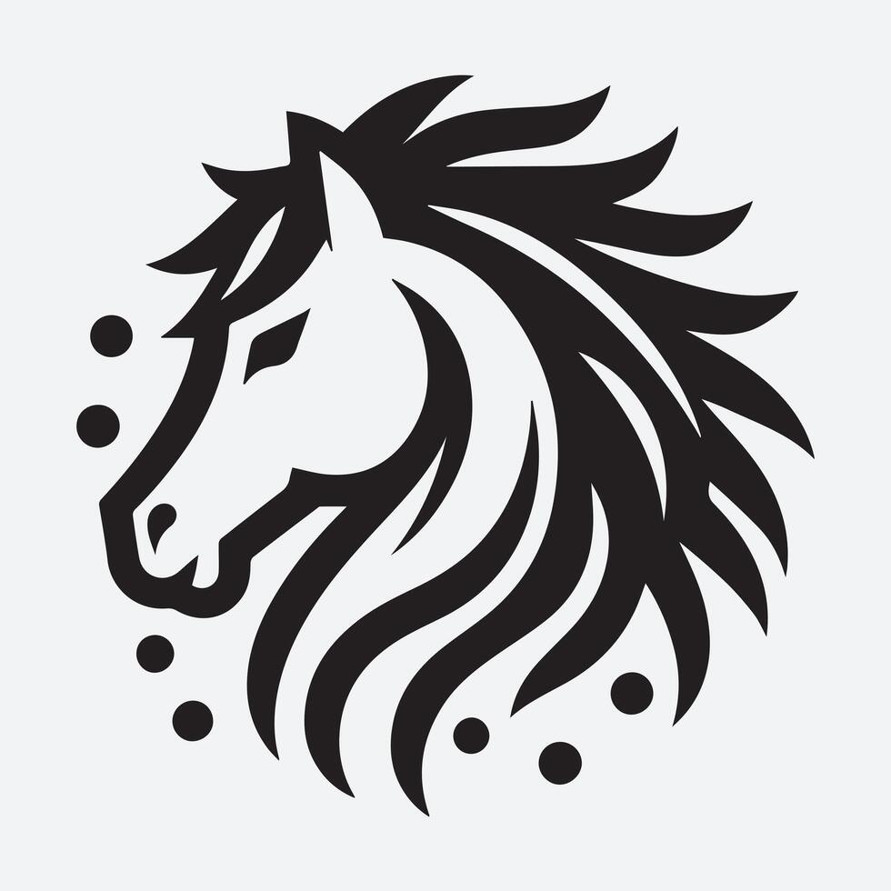 A sophisticated black and white silhouette of a horse's head, set within a circular frame. vector