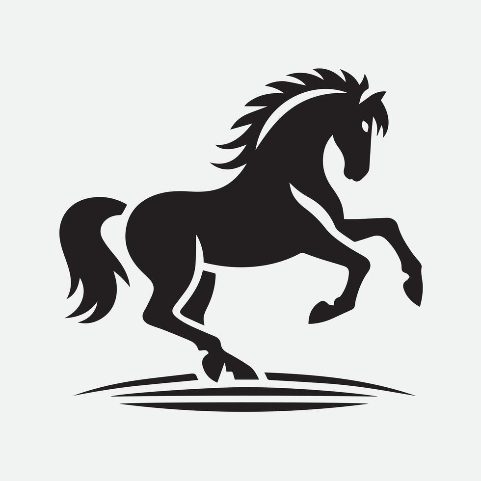 A stylized, black and white silhouette of a horse in motion, set within a circular frame. vector