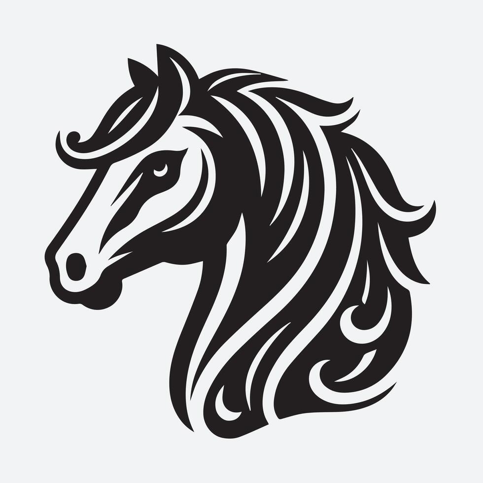 A bold, stylized black and white graphic of a horse's head. vector