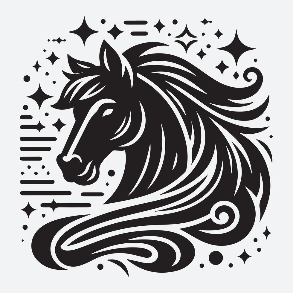 This stylized, black and white graphic features a horse's head in profile view. vector